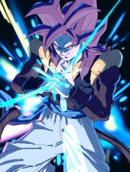  1boy absurdres black_background black_vest blue_eyes blue_sash body_fur brown_fur brown_tail cowboy_shot cropped_vest dragon_ball dragon_ball_gt glowing gogeta highres kazumax76 long_hair male_focus metamoran_vest monkey_tail muscular muscular_male no_shirt pants powering_up red_hair sash smirk solo spiky_hair super_saiyan super_saiyan_4 tail vest white_pants 