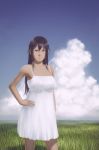  1girl absurdres amputee black_hair blue_sky clouds dress field grass hand_on_hip highres katawa_shoujo long_hair miura_miki sky smile standing tan violet_eyes wooph 