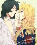  1boy 1girl andre_grandier black_hair blonde_hair copyright_name couple epaulettes hand_on_another&#039;s_chin hetero kichi_(rosso24) long_hair open_clothes open_shirt oscar_francois_de_jarjayes profile short_hair versailles_no_bara 