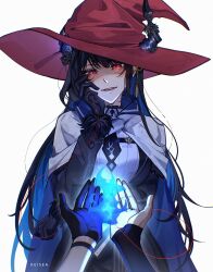  2girls absurdres asymmetrical_horns black_bow black_bowtie black_gloves black_hair black_necktie black_skirt black_vest blue_cloak blue_fire blue_hair bow bowtie breast_strap cloak collared_shirt colored_inner_hair commentary commission dress_shirt english_commentary feather-trimmed_sleeves fire flower flower_knot framed_breasts gloves glowing glowing_eye hair_ornament hand_on_own_face hat highres hololive hololive_english horn_flower horns horns_through_headwear keisea long_hair mole mole_under_eye multicolored_hair multiple_girls necktie nerissa_ravencroft nerissa_ravencroft_(1st_costume) pov pov_hands red_eyes red_hat ribbed_shirt shaded_face shirt short_necktie sidelocks simple_background single_glove skirt slit_pupils solo_focus tassel tassel_hair_ornament two-sided_cloak two-sided_fabric uneven_horns very_long_hair vest virtual_youtuber white_background white_cloak white_shirt witch_hat 