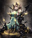  1girl armor bare_shoulders blonde_hair blush bodysuit breasts clothed_navel demon_girl demon_tail demon_wings elbow_gloves gauntlets gloves greaves green_eyes horns large_breasts lena_(zoal) long_hair pointy_ears shingeki_no_bahamut sideboob solo tail wings 
