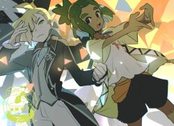  2boys :d black_coat black_shorts blonde_hair coat dark-skinned_male dark_skin ear_piercing gladion_(pokemon) gladion_(sygna_suit)_(pokemon) green_eyes green_hair grey_vest hair_over_one_eye hau_(pokemon) hau_(sygna_suit)_(pokemon) heart heart_hands highres jewelry looking_at_viewer male_focus multiple_boys necklace official_alternate_costume open_mouth orange_background pants piercing pokemon pokemon_masters_ex pokemon_sm ponytail shirt short_hair shorts simple_background smile standing suikaels upper_body vest white_pants white_shirt yellow_coat 
