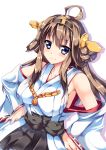  1girl ahoge breasts brown_hair detached_sleeves hairband japanese_clothes kantai_collection kongou_(kantai_collection) long_hair personification ryokushiki_(midori-ya) smile solo white_background 