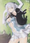  1girl absurdres altina animal arm_up armpits belly blue_eyes blush breasts cat cleavage elbow_gloves elf gloves hair_ornament highres long_hair lying navel open_mouth pointy_ears shining_(series) shining_blade shining_world silver_hair taka_tony tanaka_takayuki twintails waking_up white_gloves 