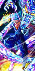  1boy aura blue_eyes blue_hair blue_pants blue_sash blue_shirt dougi dragon dragon_ball dragon_ball_super earrings energy_sword highres jewelry male_focus medium_hair midair orange_shirt pants potara_earrings ryo_lovevegito sash shirt solo spiky_hair super_saiyan super_saiyan_blue sword twitter_username vegetto weapon 