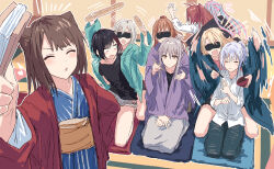  6+girls ^_^ ahoge aoba_moca aqua_jacket baguette bang_dream! black_hair black_jacket black_pants black_shirt blonde_hair blue_hair blue_jacket blue_kimono bob_cut bowl bread brown_hair bullfalk chopsticks closed_eyes collarbone collared_shirt commentary cone_hair_bun double_bun dress_shirt dual_wielding eighth_note eye_mask food glowing_lines grey_hair grey_shorts grey_skirt hair_bun hair_ears hanten_(clothes) hashtag-only_commentary heart high_ponytail highres holding holding_bowl holding_chopsticks holding_food imai_lisa jacket japanese_clothes kimono kirigaya_toko kurata_mashiro long_hair long_skirt medium_hair minato_yukina mitake_ran motion_lines multicolored_hair multiple_girls musical_note nyubara_reona pants parted_lips pink_hair ponytail red_hair red_jacket sanpaku seiza shared_clothes shared_jacket shirt short_hair short_shorts shorts sidelocks sitting skirt smear_frame streaked_hair tamade_chiyu three-quarter_sleeves toyama_kasumi trembling twintails two-tone_hair white_hair white_shirt yellow_eyes yukata 