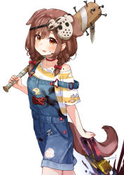  1girl :p animal_ears baseball_bat blood blood_on_clothes blood_on_face blood_splatter blush bow braid brown_eyes brown_hair character_print choker closed_mouth clothes_writing commentary_request cosplay cowboy_shot denim_overalls dog_ears dog_girl dog_tail extra_ears hair_bow highres holding holding_baseball_bat hololive inugami_korone inugami_korone_(9th_costume) jason_voorhees jason_voorhees_(cosplay) listener_(inugami_korone) looking_at_viewer mask mask_on_head official_alternate_costume over_shoulder overalls red_bow red_choker shirt simple_background single_off_shoulder smile solo spiked_bat striped_clothes striped_shirt tail tongue tongue_out torn_clothes twin_braids two-tone_shirt virtual_youtuber weapon weapon_over_shoulder white_background white_shirt yellow_shirt yu_sakurai06 
