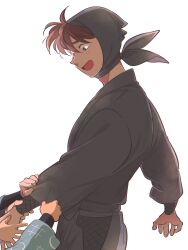  4boys absurdres arms_at_sides black_hood black_kimono black_pants brown_hair cowboy_shot detached_hood doi_hansuke from_side grabbing_another&#039;s_arm highres humoto_00 japanese_clothes kimono long_sleeves male_focus multiple_boys open_mouth out_of_frame pants rakudai_ninja_rantarou short_hair simple_background smile solo_focus white_background wrist_guards 