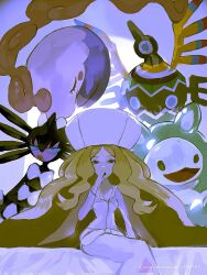  1girl bed blonde_hair caitlin_(pokemon) cape covering_own_mouth dress english_commentary gothitelle hat long_hair long_sleeves looking_at_viewer mayotsunamayo musharna on_bed open_mouth pink_dress pink_hat pokemon pokemon_(creature) pokemon_bw reuniclus see-through_cape sigilyph sitting twitter_username very_long_hair yawning 