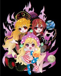  3girls :d american_flag american_flag_dress american_flag_print barefoot black_background black_choker black_dress black_shirt blonde_hair chain choker clownpiece dalachi_(headdress) dress earth_(planet) emimi_(emimi_28) flag_print hat hecatia_lapislazuli holding holding_torch jester_cap junko_(touhou) long_hair looking_at_viewer mandarin_collar moon multicolored_skirt multiple_girls open_mouth plaid_clothes plaid_skirt planet red_eyes red_hair shirt short_sleeves skirt smile torch touhou twitter_username underworld_(ornament) very_long_hair violet_eyes wide_sleeves 
