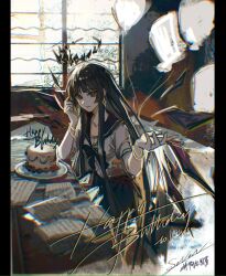  1girl alternate_costume arknights arm_up balloon birthday_cake black_eyes black_hair black_halo black_wings blue_neckerchief blue_sailor_collar blunt_bangs blunt_sidelocks blurry blurry_foreground bracelet breasts broken_halo cake character_name chromatic_aberration commentary cowboy_shot diamond_earrings earrings elbow_gloves elbow_on_table energy_wings english_text food from_side gloves gold_bracelet halo hand_up happy_birthday highres indoors jewelry light_smile long_hair long_sidelocks looking_at_viewer multiple_bracelets neckerchief pillarboxed pov_across_table reaching reaching_towards_viewer sailor_collar school_uniform serafuku seven_(sevenmisaka7) sheet_music short_sleeves sidelocks signature sitting small_breasts solo straight_hair very_long_hair very_long_sidelocks virtuosa_(arknights) wings 