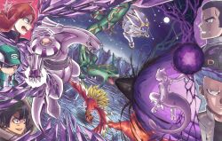  1girl 4boys battle black_hair blue_hair cyrus_(pokemon) fire furry giovanni_(pokemon) ho-oh laufan_rika mewtwo multiple_boys night night_sky open_mouth palkia pokemon pokemon_(creature) pokemon_dppt pokemon_hgss pokemon_masters_ex pokemon_oras pokemon_usum rayquaza red_hair scottie_(pokemon) silver_(pokemon) sky solgaleo team_galactic team_rainbow_rocket zinnia_(pokemon) 
