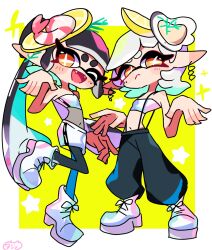 +_+ 2girls :&lt; black_hair black_pants black_pantyhose border bow-shaped_hair callie_(splatoon) cousins crop_top food food_on_head full_body highres inkling long_hair looking_at_viewer marie_(splatoon) mole mole_under_eye multiple_girls navel object_on_head official_alternate_costume one_eye_closed open_mouth oyster pants pantyhose pointy_ears purple_hair shirt shoes shrimp_hair_ornament simple_background splatoon_(series) splatoon_1 standing star_(symbol) suspenders tentacle_hair white_border white_hair white_shirt white_shoes yellow_background yellow_eyes yoshishi_(yosisitoho) 