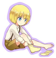  1boy armin_arlert barefoot blonde_hair blue_eyes blush dressing feet moxue_qianxi shingeki_no_kyojin short_hair single_sock sitting socks socks_removed solo suspenders young 