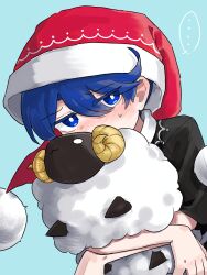  ... 1girl animal aonorikani3ba blue_background blue_eyes blue_hair commentary curled_horns doremy_sweet hat highres holding holding_animal horns looking_at_viewer pom_pom_(clothes) red_hat sheep simple_background solo spoken_ellipsis touhou 