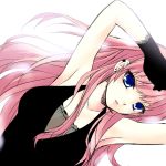  1girl armpits arms_up blue_eyes breasts etou_(cherry7) gloves long_hair looking_at_viewer pink_hair simple_background solo very_long_hair white_background 