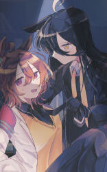  2girls agnes_tachyon_(umamusume) ahoge animal_ears assertive_female averting_eyes black_coat black_gloves black_hair black_necktie black_pantyhose black_shirt breasts brown_hair chemical_structure closed_mouth clothes_grab coat collared_shirt ctlv dot_mouth ear_ornament earrings ears_down expressionless gloves hair_between_eyes highres horse_ears horse_girl jewelry lab_coat long_bangs long_hair long_hair_between_eyes looking_at_another loose_necktie manhattan_cafe_(umamusume) medium_breasts medium_hair multicolored_hair multiple_girls necktie necktie_grab neckwear_grab open_clothes open_coat pantyhose red_eyes shirt single_earring sweatdrop sweater umamusume very_long_hair white_coat white_hair yellow_eyes yellow_sweater yuri 