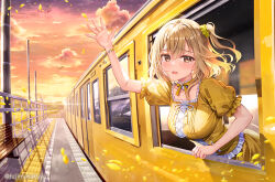  1girl arm_up bench breasts brown_dress brown_eyes brown_hair clouds collarbone commentary_request dress frilled_dress frills fujima_takuya hagiwara_himawari hair_between_eyes hair_ornament hair_scrunchie large_breasts looking_at_viewer one_eye_closed open_mouth outdoors petals puffy_short_sleeves puffy_sleeves scrunchie sekai_de_ichiban_tsuyoku_naritai! short_sleeves sky solo sunset tears train train_station train_station_platform twitter_username utahime_dream yellow_scrunchie 