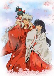  1boy 2girls ;d animal_ears black_hair bow carrying chandllucky cherry_blossoms closed_eyes dog_ears family fang fangs full_body grey_hair hair_between_eyes hair_bow hakama hakama_skirt han'you_no_yashahime highres higurashi_kagome inuyasha inuyasha_(character) japanese_clothes kimono long_hair long_sleeves moroha multiple_girls one_eye_closed open_mouth petals red_bow red_hakama red_kimono shoulder_carry skirt smile spanish_commentary very_long_hair white_kimono wide_sleeves yellow_eyes 