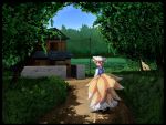  1girl blonde_hair blue_sky bush dress east_asian_architecture field forest fox_tail gate grass hat hat_with_ears highres liya looking_at_viewer looking_over_shoulder multiple_tails nature path power_lines red_eyes road shadow short_hair sky smile solo stone_wall tabard tail touhou tree walking_away wall yakumo_ran 