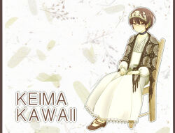  1boy b_(kana0816) black_collar black_shawl blush brown_eyes brown_hair brown_shoes chair character_name closed_mouth collar collarbone commentary_request crossdressing crossdressing_(mtf) detached_wings dot_nose dress expressionless flats fringe_trim full_body glasses grey_outline hairband hands_on_lap highres insect_wings kami_nomi_zo_shiru_sekai katsuragi_keima lace-trimmed_dress lace_shawl lace_trim long_dress long_sleeves looking_at_viewer looking_to_the_side male_focus on_chair outline pillarboxed shawl shoes short_hair sitting solo twig white_background white_dress wings wooden_chair yellow_hairband 