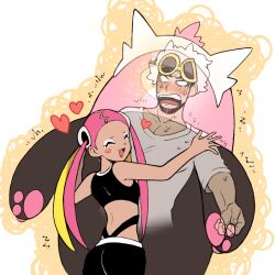  1boy 1girl bewear blonde_hair blush blush_stickers crop_top dark_skin eyewear_on_head guzma_(pokemon) heart hug mascot_costume minashirazu multicolored_hair no_pupils open_mouth pectoral_cleavage pectorals pink_hair plumeria_(pokemon) pokemon pokemon_sm shirt twintails white_eyeshadow white_hair white_shirt yellow-framed_eyewear 