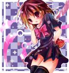  1girl :o ahoge asymmetrical_wings blush bow checkered checkered_background chocolate chocolate_heart dress gradient_hair hand_on_own_face heart houjuu_nue kizami_(welius) looking_at_viewer multicolored_hair open_mouth red_eyes ribbon short_hair short_sleeves solo sparkle thighhighs touhou wings 