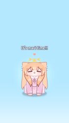  1girl absurdres animal_ears blue_archive blue_background blunt_bangs blush chibi closed_eyes english_text halo heart highres horuhara long_hair mari_(blue_archive) neck_ribbon no_nose orange_hair pajamas pink_pajamas polka_dot polka_dot_pajamas ribbon sleeves_past_wrists solo tongue tongue_out yellow_halo 