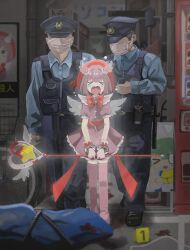  &gt;_&lt; 1girl 2boys absurdres arrest blood blood_on_weapon blood_splatter body_bag crime_scene crying cuffs death dress feathered_wings hair_intakes handcuffs highres holding holding_staff implied_murder magical_girl mask mouth_mask multiple_boys naaga_sonomono no_eyes open_mouth original pink_dress pink_hair pink_thighhighs police police_uniform staff surgical_mask thigh-highs weapon wings 