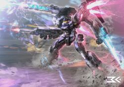  arm_mounted_weapon armored_core artist_name assault_visor beam_cannon clenched_hand commentary debris dust_cloud energy_blade exhaust explosion firing gun gundam gundam_unicorn highres jesta jesta_cannon legs_apart mecha mecha_focus mechaklear mobile_suit motion_blur no_humans radio_antenna redesign robot science_fiction shoulder_cannon smoke solo thrusters weapon yellow_visor 