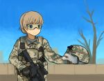  acog assault_rifle blue_eyes camouflage ferret gloves goggles gun hagiwara_(kururabo02) helmet m4_carbine military military_uniform original radio rifle smile uniform weapon 
