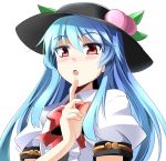  1girl blue_hair blush bow bust e.o. food fruit hat highres hinanawi_tenshi long_hair looking_at_viewer open_mouth peach red_eyes solo touhou 