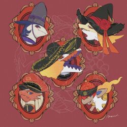  5others black_hat blaziken blue_eyes blue_fur clothed_pokemon colored_sclera delphox fang fire flower furry grey_hat hat hat_flower hisuian_typhlosion infernape looking_at_viewer multiple_others other_focus pokemon pokemon_(creature) police_hat red_background red_eyes red_flower red_hat red_ribbon red_rose rendoll ribbon rose simple_background skeledirge skin_fang snout sombrero through_medium through_painting upper_body witch_hat yellow_fur yellow_sclera 