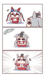  2girls ahoge animal_ears big_belly blue_eyes blue_hairband blush chibi closed_eyes closed_mouth ear_covers ear_ornament fang flexing grey_hair grey_tail gym_shirt hair_between_eyes hair_ornament hairband headband highres horse_ears horse_girl horse_tail jacket kuroij long_hair long_sleeves midriff multicolored_hair multiple_girls navel oguri_cap_(umamusume) open_clothes open_jacket open_mouth pants red_headband red_jacket red_pants red_track_suit shirt simple_background sleeves_rolled_up smile striped_clothes striped_hairband tail tamamo_cross_(umamusume) tracen_training_uniform track_jacket track_pants track_suit umamusume umamusume:_cinderella_gray very_long_hair white_background white_shirt 