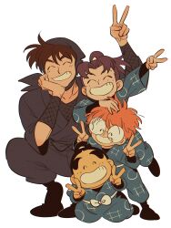  4boys :d ^_^ absurdres age_difference arm_up black_hair black_shoes brown_hair child closed_eyes curtained_hair doi_hansuke double_v facing_viewer freckles fukutomi_shinbei glasses grin hand_on_another&#039;s_head hand_on_own_cheek hand_on_own_face hands_up happy head_rest height_difference highres human_tower humoto_00 inadera_rantarou kneeling male_focus multiple_boys no_headwear on_person orange_hair ponytail rakudai_ninja_rantarou round_eyewear sash settsuno_kirimaru shoes simple_background smile squatting stacking thick_eyebrows v white_background white_sash wrist_guards 