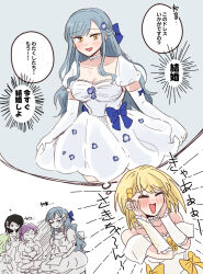  5girls ave_mujica_(bang_dream!) bang_dream! bang_dream!_it&#039;s_mygo!!!!! bare_shoulders black_hair blue_bow blue_hair blush bow choker closed_eyes commentary_request dress elbow_gloves gloves green_hair hair_bow highres long_hair medium_hair misumi_uika multiple_girls off-shoulder_dress off_shoulder open_mouth purple_hair short_hair smile speech_bubble togawa_sakiko translation_request wakaba_mutsumi white_choker white_dress white_gloves yahata_umiri yellow_eyes yrk_ev yuutenji_nyamu 