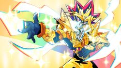  1boy armor black_hair blonde_hair bodysuit card cowboy_shot deck_of_cards duel_disk fusion gold_armor highres holding holding_card kamen_rider kamen_rider_ex-aid kamen_rider_ex-aid_(hyper_muteki) kamen_rider_ex-aid_(series) male_focus millennium_puzzle multicolored_hair nickanger purple_hair solo spiky_hair tokusatsu trading_card trait_connection violet_eyes yami_yugi yu-gi-oh! yu-gi-oh!_duel_monsters 
