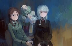  2girls brown_eyes cup flower glasses gloves heidimarie_w_schnaufer kanokoga long_hair military military_uniform minna-dietlinde_wilcke multiple_girls necktie red_eyes redhead silver_hair strike_witches teacup uniform vase 