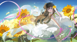  1girl :d alternate_costume black_hair bow brown_eyes dress field flower flower_field green_bow harutatsunoki highres higurashi_kagome inuyasha long_hair looking_at_viewer open_mouth pink_bow sidelocks sleeveless sleeveless_dress smile solo sunflower white_dress wrist_bow 