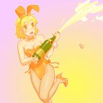  1girl alcohol animal_ears blonde_hair bottle bowtie breasts bunnysuit cleavage cork detached_collar fishnet_pantyhose fishnets fukusuke_hachi-gou highres original pantyhose rabbit_ears short_hair wine wrist_cuffs yellow_eyes 