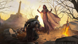  1girl 1other bare_tree bearer_of_the_curse black_gloves black_pants bonfire_(dark_souls) boots brown_boots brown_gloves brown_hair cape cloak commentary_request dark_souls_(series) dark_souls_ii dress emerald_herald feathers fire full_body fur_cape gauntlets gloves green_cloak green_dress green_shirt helm helmet highres holding holding_feather hood hood_up hooded_cloak in-universe_location l_aciel on_one_knee outdoors pants pillar rock shirt sky standing sun sword tree weapon web_address yellow_sky 