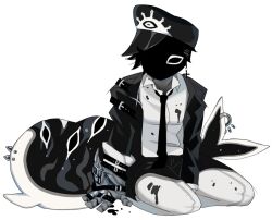  1boy black_coat black_eyes black_hair black_necktie black_skin cetacean_tail coat colored_skin cross cross_earrings deformed dilnyan03 earrings fins fish_tail full_body gauntlets hat highres jewelry looking_at_viewer male_focus monster_boy necktie orca_boy original peaked_cap piercing shirt short_hair simple_background single_earring single_gauntlet solo tail tail_ornament tail_piercing white_background white_shirt 