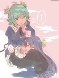  2girls akashi_manaka animal_on_lap antenna_hair assault_lily black_cape black_ribbon black_skirt blue_hair cape cat cat_on_lap closed_eyes closed_mouth clothes_blanket commentary covering_with_blanket cropped_jacket cropped_torso finger_to_mouth green_eyes green_hair green_thighhighs hair_between_eyes hair_ribbon hand_up high-waist_skirt highres horizontal-striped_thighhighs indian_style lap_pillow long_hair looking_at_viewer lying multiple_girls neck_ribbon on_lap on_side parted_lips pink_background ribbon rui_rui_rui0122 school_uniform short_hair shushing sitting skirt sleeping smile speech_bubble thigh-highs two-tone_background two-tone_thighhighs two_side_up white_background yellow_ribbon yellow_thighhighs yoshimura_thi_mai yurigaoka_girls_academy_school_uniform 