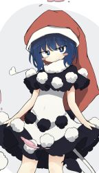  1girl :3 black_capelet black_dress blob blue_eyes blue_hair blush_stickers capelet commentary doremy_sweet dream_soul dress hat highres looking_at_viewer multicolored_dress nightcap pom_pom_(clothes) puff_of_air red_hat ro_74 sleeveless sleeveless_dress smile solo tail tapir_tail touhou white_dress 