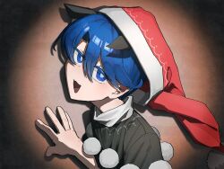  1girl aonorikani3ba blue_eyes blue_hair commentary doremy_sweet hair_between_eyes hat highres looking_at_viewer open_mouth pom_pom_(clothes) red_hat short_hair solo spotlight touhou 