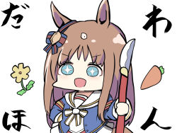  +_+ 1girl :d animal_ears blue_eyes blue_jacket bow brown_hair chibi ear_bow flower grass_wonder_(stone-piercing_blue)_(umamusume) grass_wonder_(umamusume) highres holding holding_polearm holding_weapon horse_ears horse_girl horse_tail jacket kawamochi_(tddm3573) long_hair multicolored_hair naginata open_clothes open_jacket polearm sailor_collar shirt simple_background smile solo striped_bow tail translation_request two-tone_hair umamusume v-shaped_eyebrows very_long_hair weapon white_background white_bow white_hair white_sailor_collar white_shirt yellow_flower 