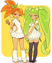  2girls :d :t angry arm_at_side asymmetrical_bangs backpack bag bike_shorts bike_shorts_under_skirt black_shoes black_thighhighs blush border bow bowtie bracelet breasts buttons closed_mouth collared_shirt colored_shoe_soles cookie_run cookie_run:_ovenbreak dot_nose food-themed_hair food-themed_hair_ornament full_body green_bow green_bowtie green_eyes green_hair hair_behind_ear hair_between_eyes hair_bow hair_ornament hairband hand_up high-waist_skirt high_ponytail highres jewelry kneehighs lime_cookie lime_hair_ornament long_hair loose_socks medium_hair miniskirt multiple_girls notice_lines ohta_guk_hip open_mouth orange_cookie orange_hair orange_hair_ornament orange_hairband outside_border pigeon-toed pleated_skirt ponytail scrunchie shirt shoes short_sleeves side-by-side simple_background skirt small_breasts smile socks standing tan tanlines teeth thigh-highs tongue twintails upper_teeth_only v-shaped_eyebrows v_arms very_long_hair waving whistle white_bag white_border white_shirt white_shoes white_skirt white_socks wide_hips wrist_scrunchie wristband yellow_background yellow_scrunchie zettai_ryouiki 