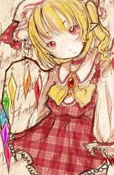  1girl blonde_hair canihavepromo character_name checkered checkered_clothes checkered_dress choker collared_dress crystal_wings dress female fingernails flandre_scarlet frilled_choker frilled_dress frilled_skirt frilled_sleeves frills hat highres jewelry long_sleeves pale_skin pink_sclera pointy_ears ponytail red_choker red_dress red_eyes red_nails sharp_fingernails sharp_nails short_dress short_hair simple_background sleeves_past_wrists solo solo_focus tan_background the_embodiment_of_scarlet_devil touhou white_hat white_sleeves wings 