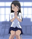  1girl 774_(nanashi) bike_shorts black_bike_shorts brown_eyes brown_hair hair_ornament hairclip hands_together nagatoro school_uniform shirt sitting skirt stool translation_request 