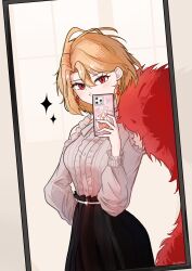  1girl absurdres black_skirt blonde_hair breasts cellphone center_frills clothing_cutout covered_mouth covering_own_mouth don_quixote_(project_moon) earrings english_text feather_boa frills hair_between_eyes hand_on_own_hip highres holding holding_phone iphone jewelry ld0blev light_blush limbus_company long_sleeves medium_breasts mirror mirror_selfie phone project_moon red_eyes sancho_(project_moon) selfie shirt short_hair shoulder_cutout skirt slit_pupils smartphone smartphone_case solo sparkle sticker twitter_username white_shirt 